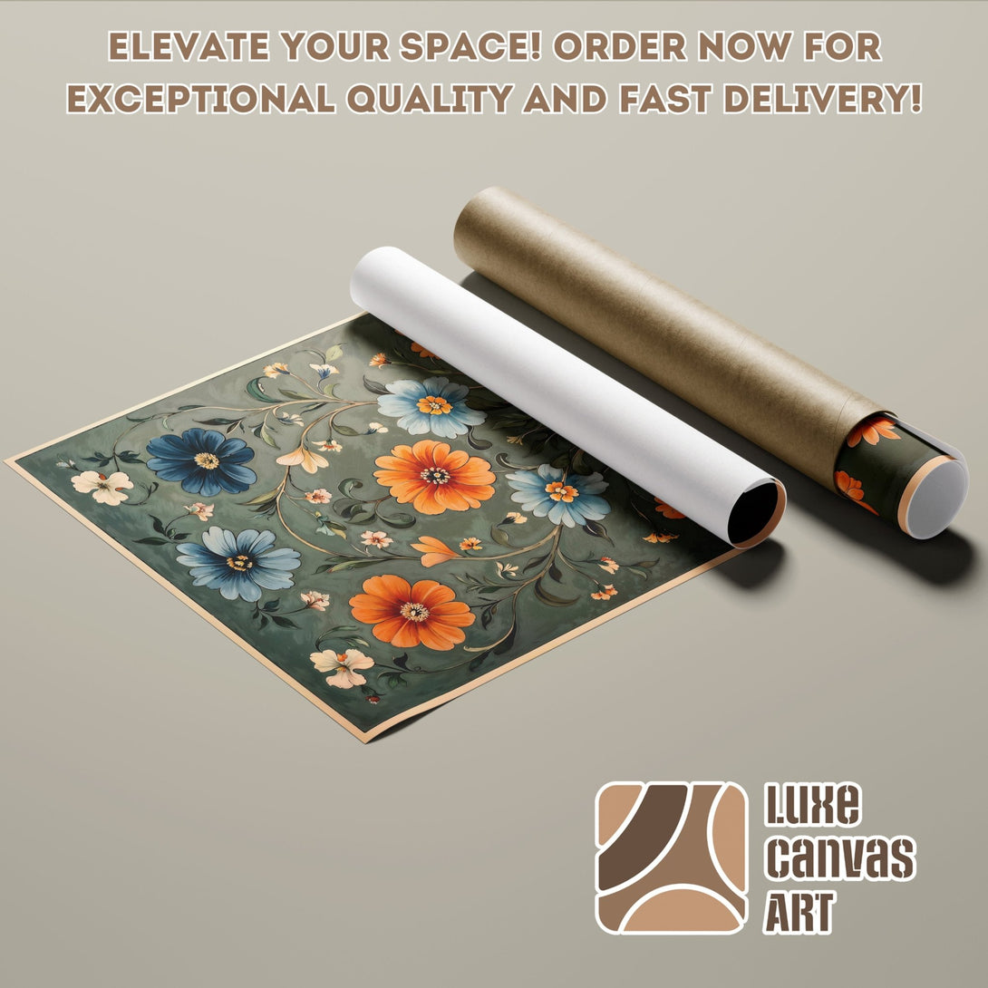 Floral Poster Roll with a vintage style and a green, orange, and blue color palette. Elevate your space with Luxe Canvas Art.