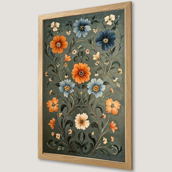 Framed Poster featuring floral artwork in a vintage style with orange, blue, and green hues. Perfect wall decor!