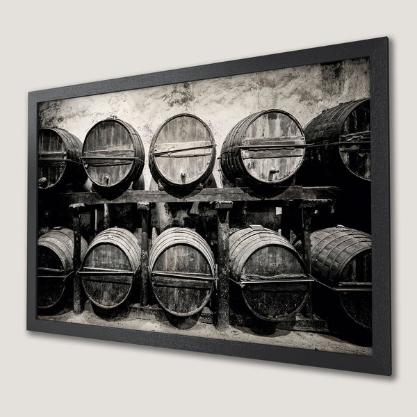 Framed Poster of wine barrels in a cellar, black and white photography, rustic style.