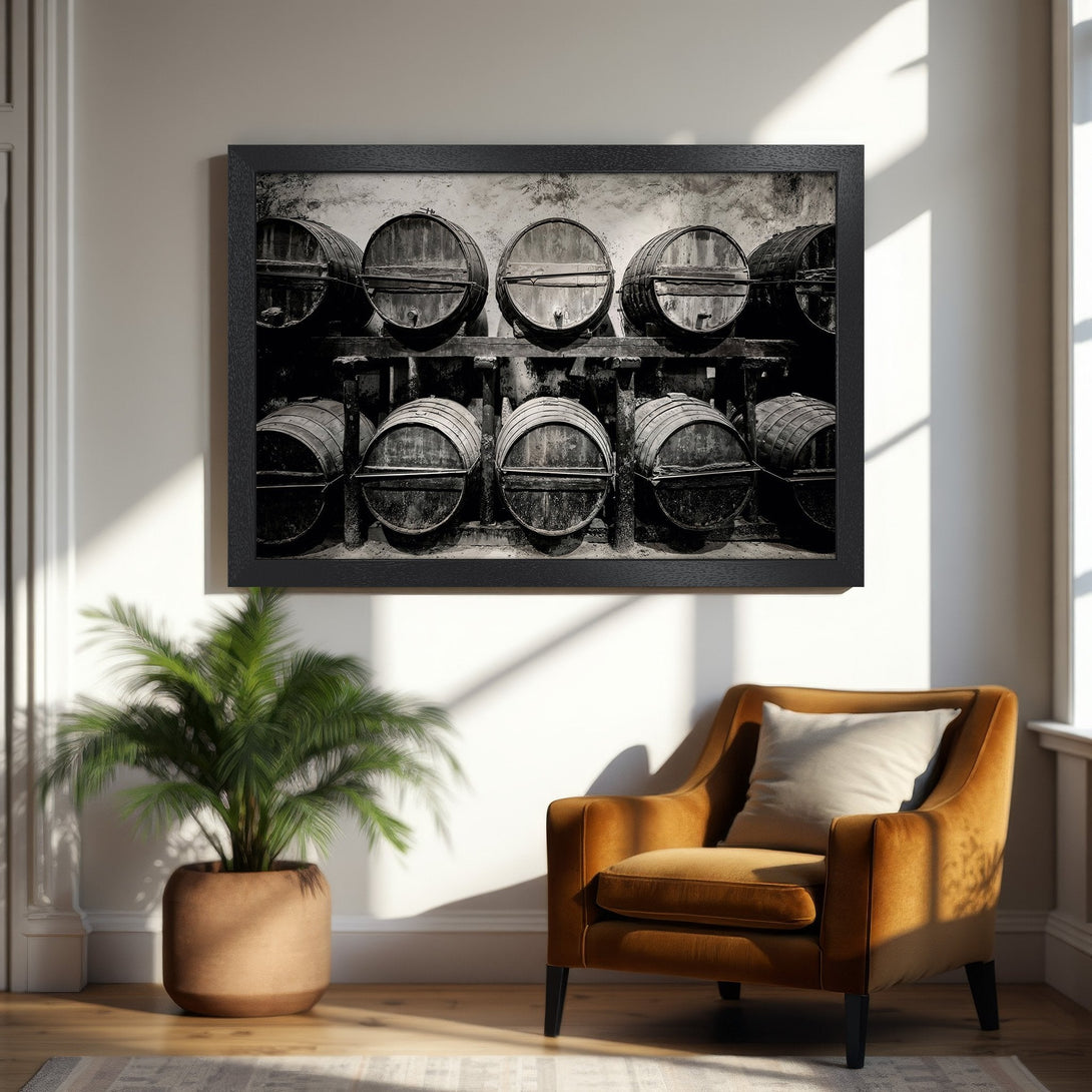 Framed Poster featuring black and white wine barrels. Rustic style with neutral tones, perfect for home decor.