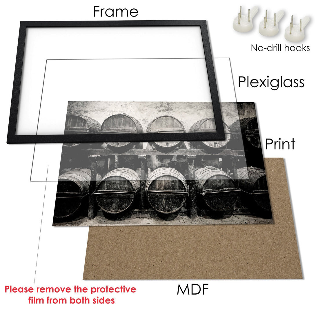 Framed Poster featuring a black and white photo of wine barrels. Rustic style, neutral color palette. Perfect wall art!