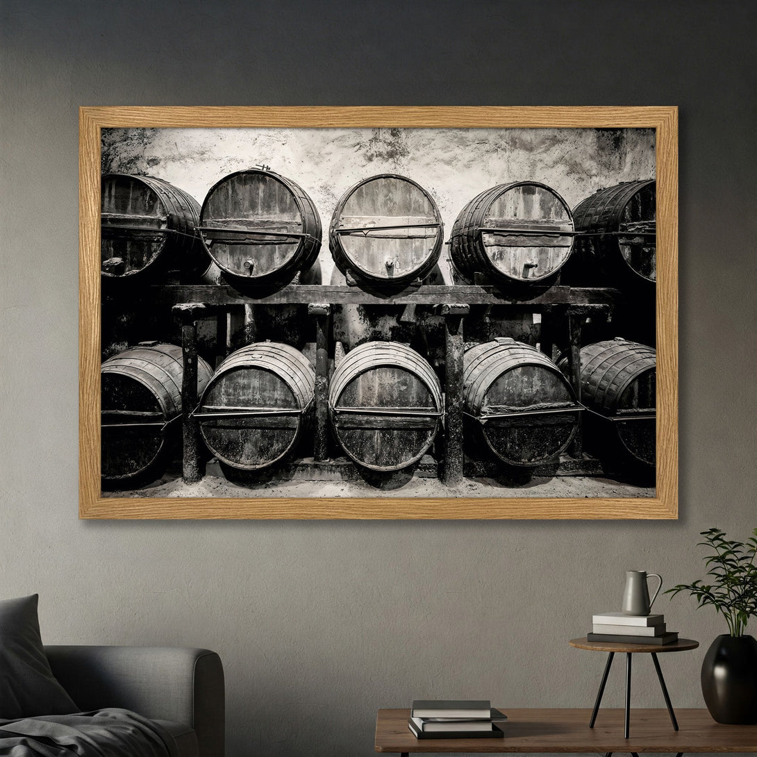 Framed Poster of wine barrels in grayscale, rustic style, perfect for home decor.