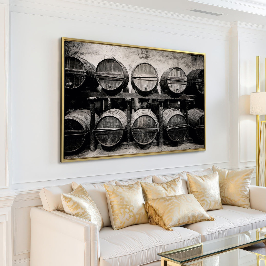 Canvas Print featuring a black and white photograph of wine barrels, perfect for rustic home decor. Neutral color palette.