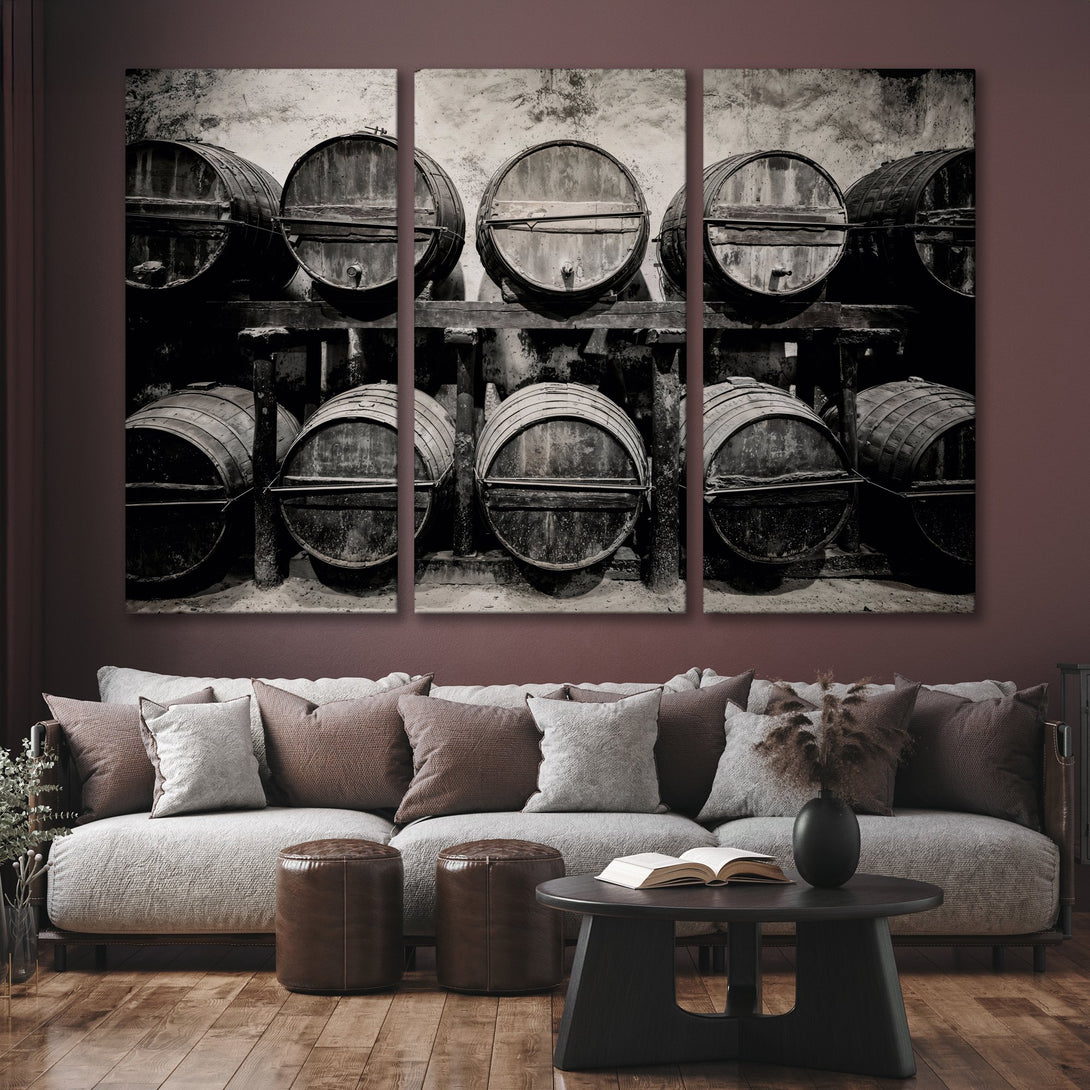 Canvas Print: Rustic barrels artwork in a sepia tone, perfect for adding vintage charm to your living room. Neutral color palette.