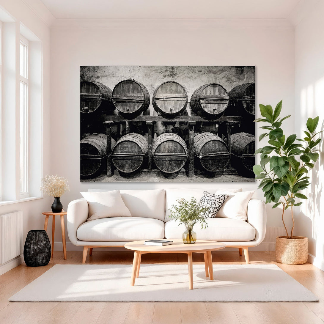 Framed Wall Art featuring wine barrels in a sepia tone. Add a touch of elegance to your home with this classic canvas print.
