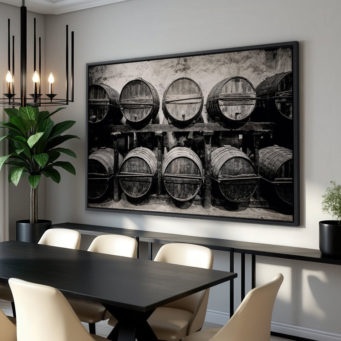 Framed Wall Art featuring a black and white image of wine barrels. Rustic and vintage style, perfect for adding character to your dining room.