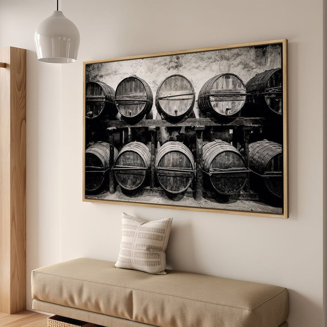 Framed Wall Art: Black and white photo of wine barrels. Rustic decor with neutral palette, perfect for a cozy interior. Add character with this Canvas Print!