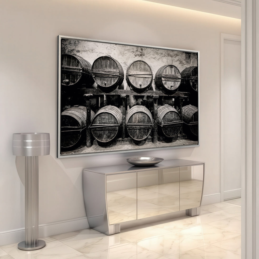 Framed Wall Art featuring a vintage wine barrel scene in black and white. Perfect for adding rustic charm to any space. Shop now!