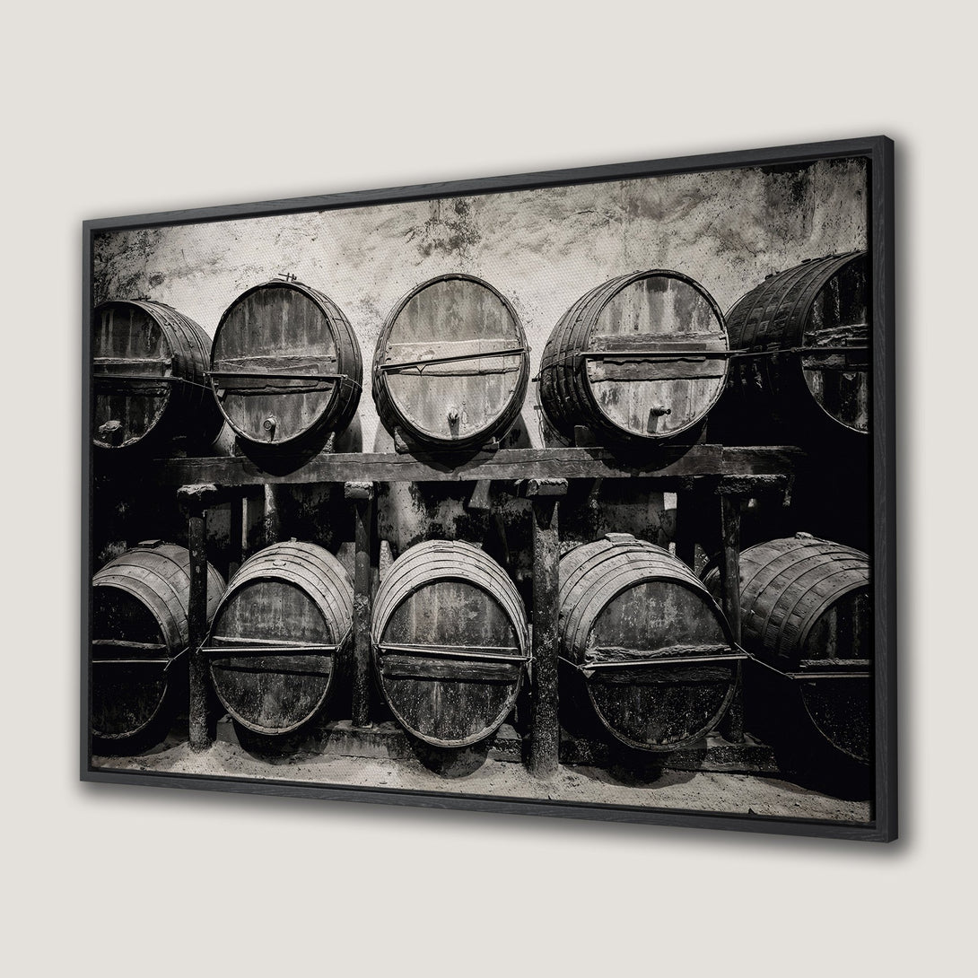 Framed Wall Art featuring rustic wine barrels in a monochrome palette. Add a touch of vintage charm to your space with this stunning Canvas Print.