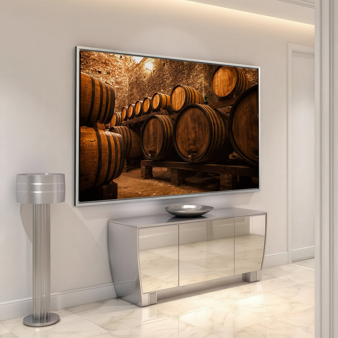 Framed Wall Art: Rustic wine barrel scene in warm brown tones. Perfect for adding a touch of vintage charm to your home decor. Shop now!