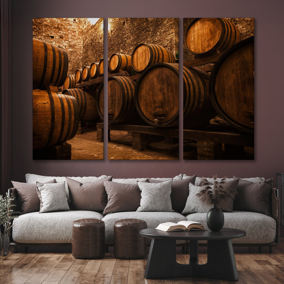 Canvas Print of wine barrels in a rustic cellar, warm brown tones, perfect for adding a touch of vintage charm to your living room.