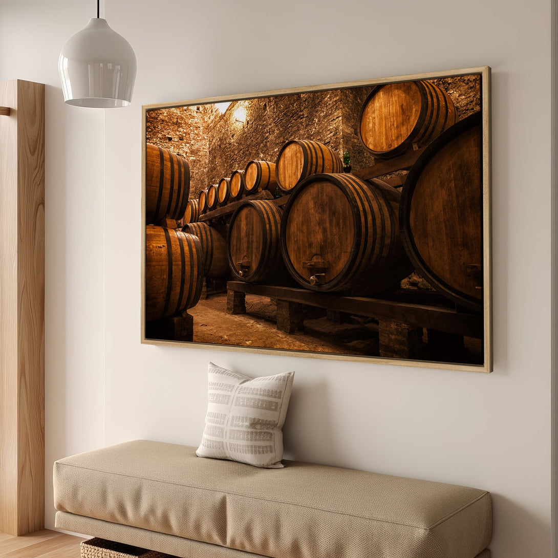 Framed Wall Art featuring a rustic wine cellar scene. Warm, earthy tones of brown and gold create a cozy, inviting atmosphere. Perfect for home decor.