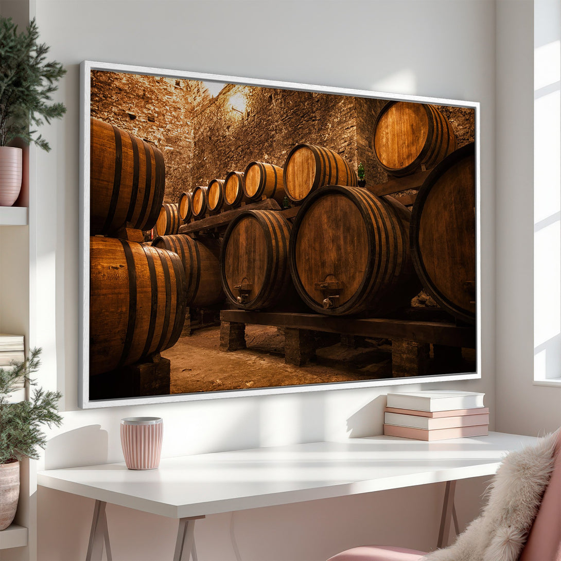 Framed Wall Art featuring a rustic wine cellar scene with wooden barrels, warm brown tones, and a cozy, inviting aesthetic. Perfect for adding character to your space!