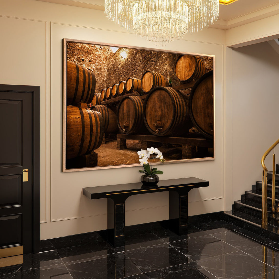 Framed Wall Art: Rustic wine barrel scene in warm browns. Adds a touch of luxury to any space. Perfect for home decor.
