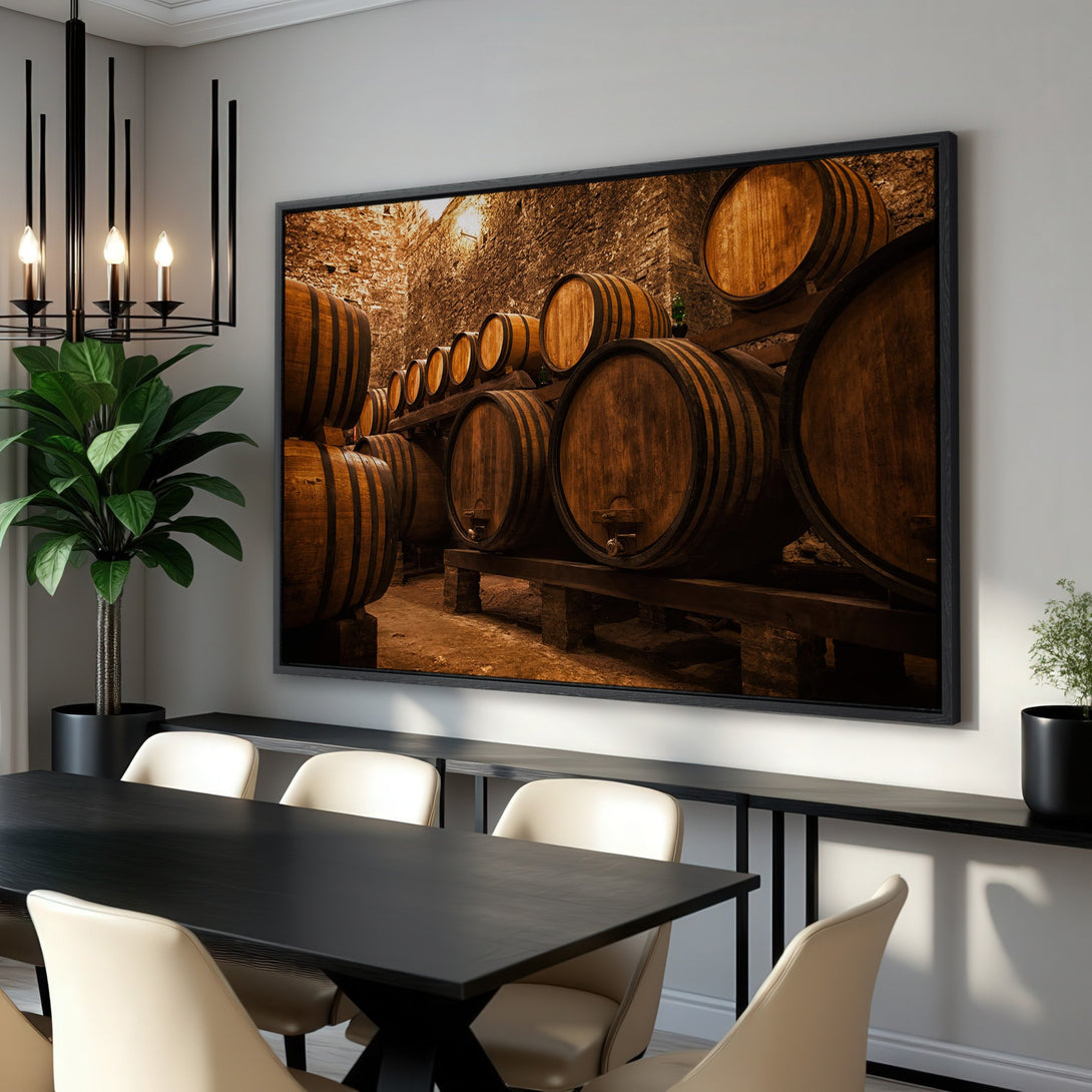 Framed Wall Art: Rustic wine barrels in a cellar. Warm, inviting tones of brown and gold. Perfect for adding character to your dining room.
