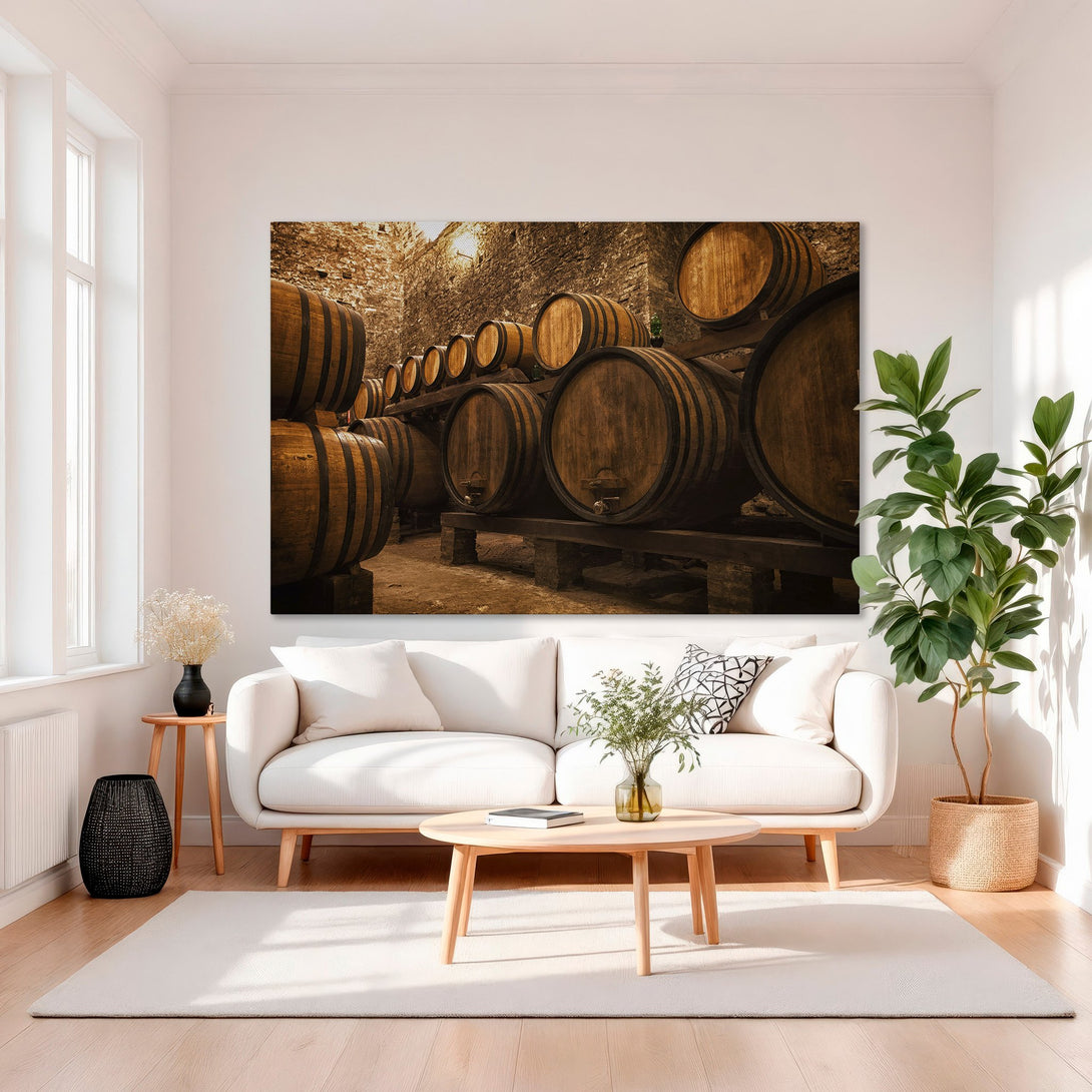 Framed Wall Art of wine barrels in a cellar, warm sepia tones. Rustic decor for your home.