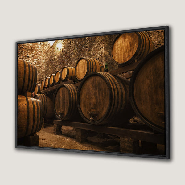Framed Wall Art featuring a rustic wine cellar scene with wooden barrels. Warm, earthy tones create a cozy and inviting atmosphere. Perfect for home decor!