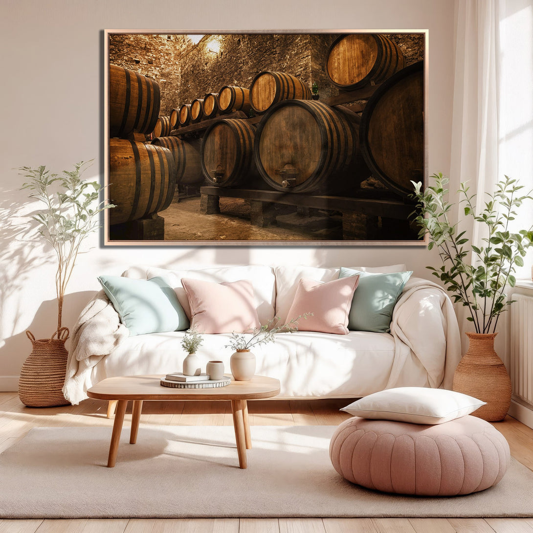 Framed Wall Art: Rustic wine barrel scene in warm tones. Perfect for farmhouse decor. Enhance your living room with this stunning canvas print!