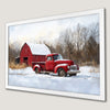 Winter Barn and Red Truck Art Poster for Holiday Decor