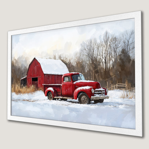 Framed Poster of a red truck and barn in a winter landscape, painted in a rustic style with a warm, neutral color palette.