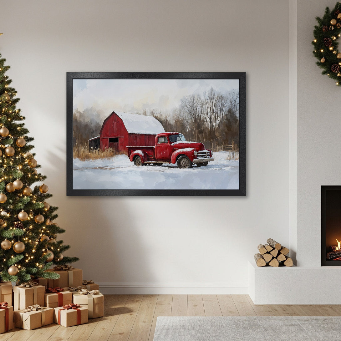 Framed Poster featuring a red truck and barn in a winter scene, painted in a rustic style with a warm red and neutral color palette. Perfect holiday decor!