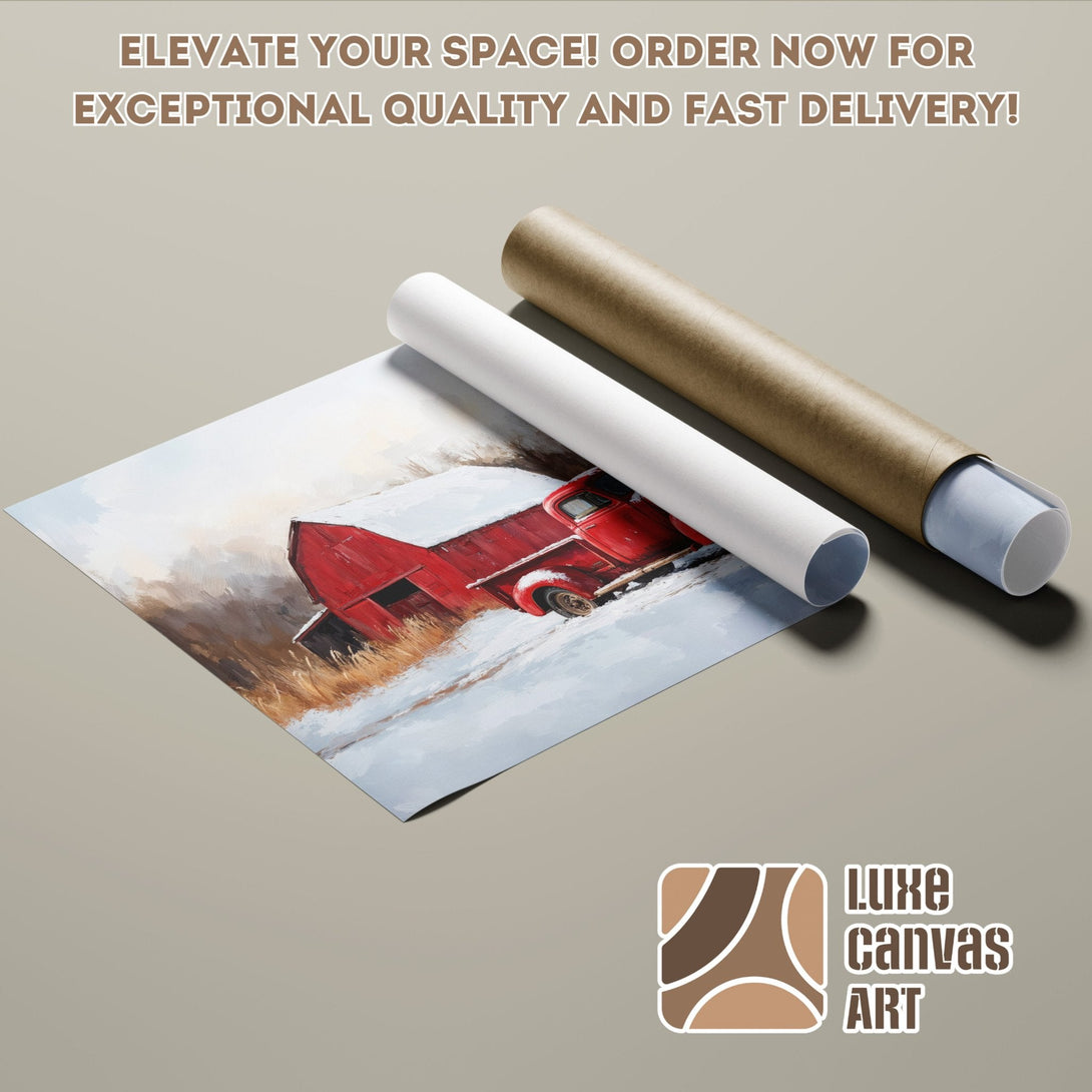 Poster Roll featuring a red barn in a winter landscape, warm color palette. Order yours today!