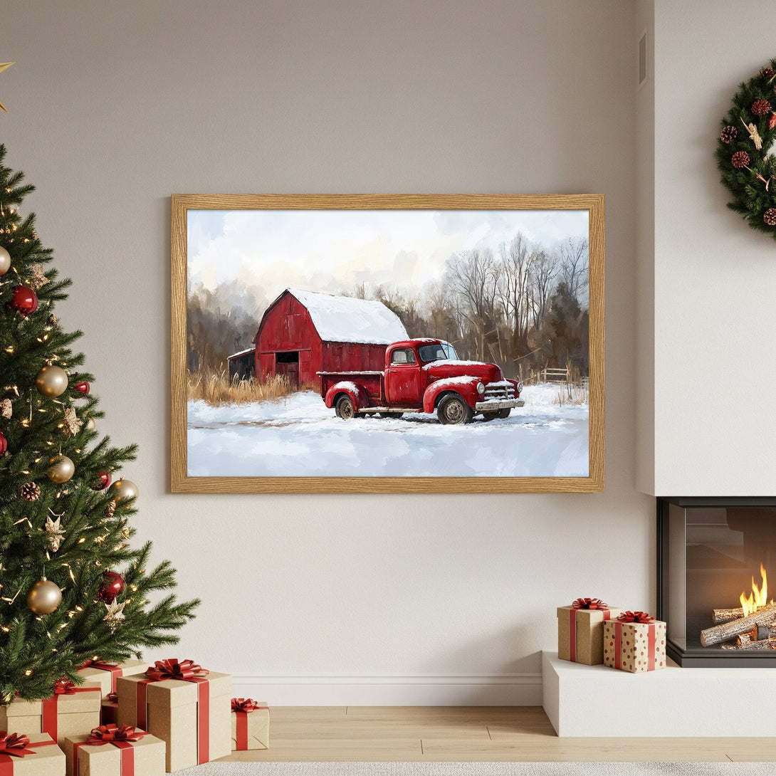 Framed Poster of a red truck and barn in a winter scene. Rustic style, warm red, brown, and white color palette. Perfect holiday decor!