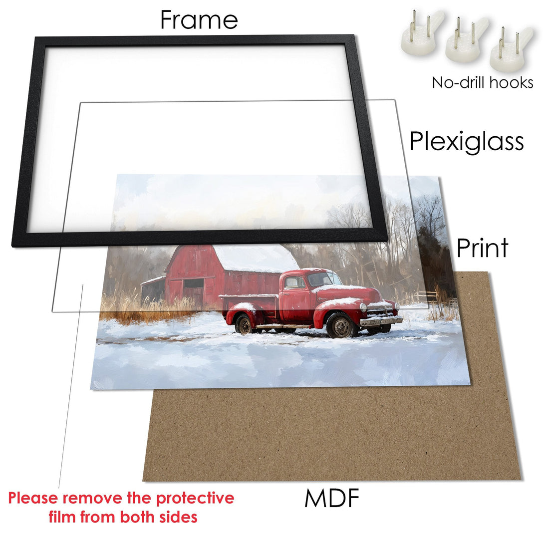 Framed Poster featuring a red truck and barn in a winter landscape. Rustic style with a warm, inviting color palette. Perfect wall art!
