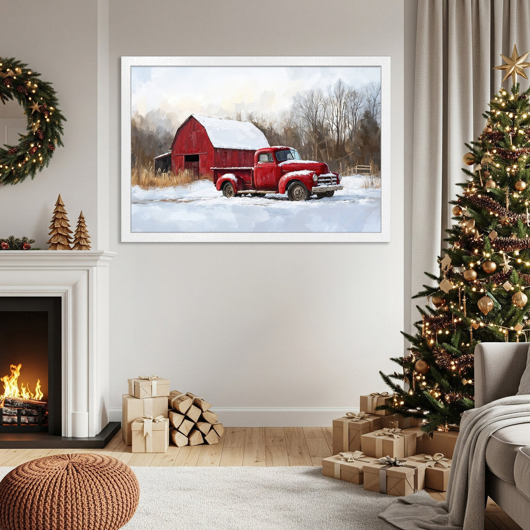 Framed Poster featuring a red truck and barn in a snowy landscape, painted in a warm, rustic style with a red, white, and brown color palette.