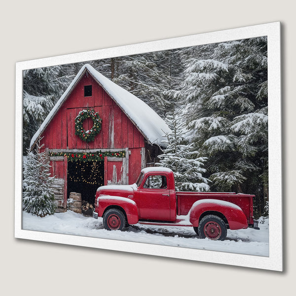 Framed Poster featuring a red truck & barn in a snowy winter scene. Rustic style, warm red & cool white palette. Perfect holiday decor.