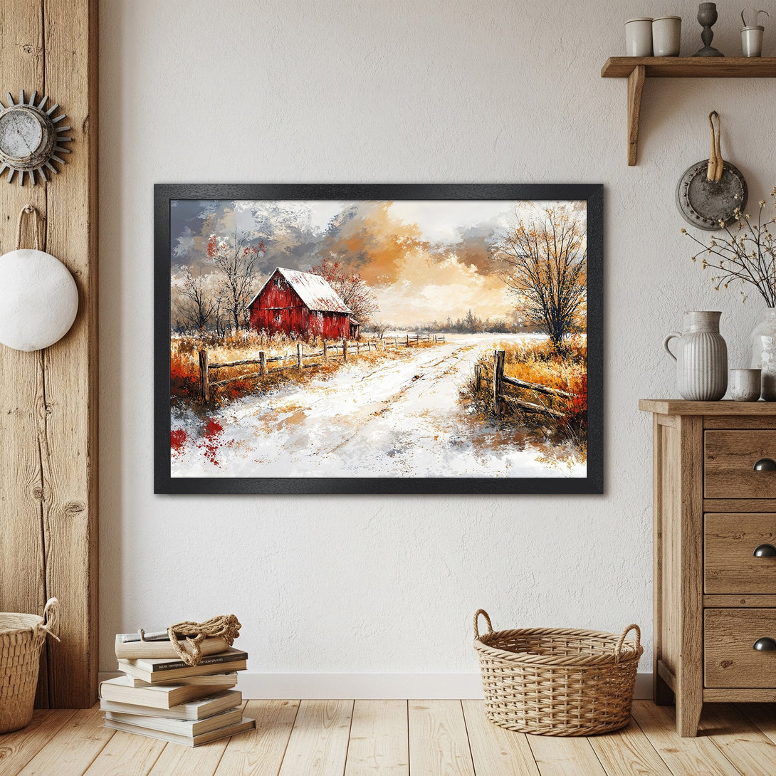 Framed Poster featuring a red barn landscape in a rustic style with a warm color palette. Perfect wall art for any home.