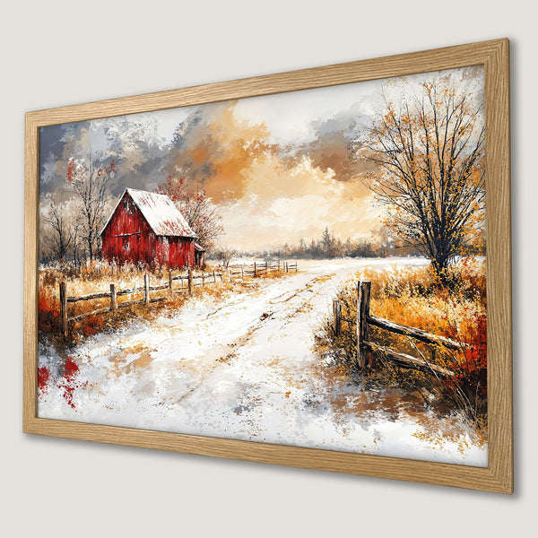 Framed Poster of a winter landscape with a red barn, in an impressionistic style with warm autumn color palette.