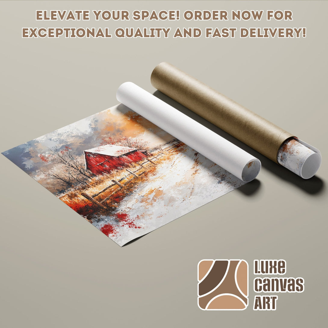 Poster Roll of a red barn landscape painting, impressionistic style, warm color palette. Order now!