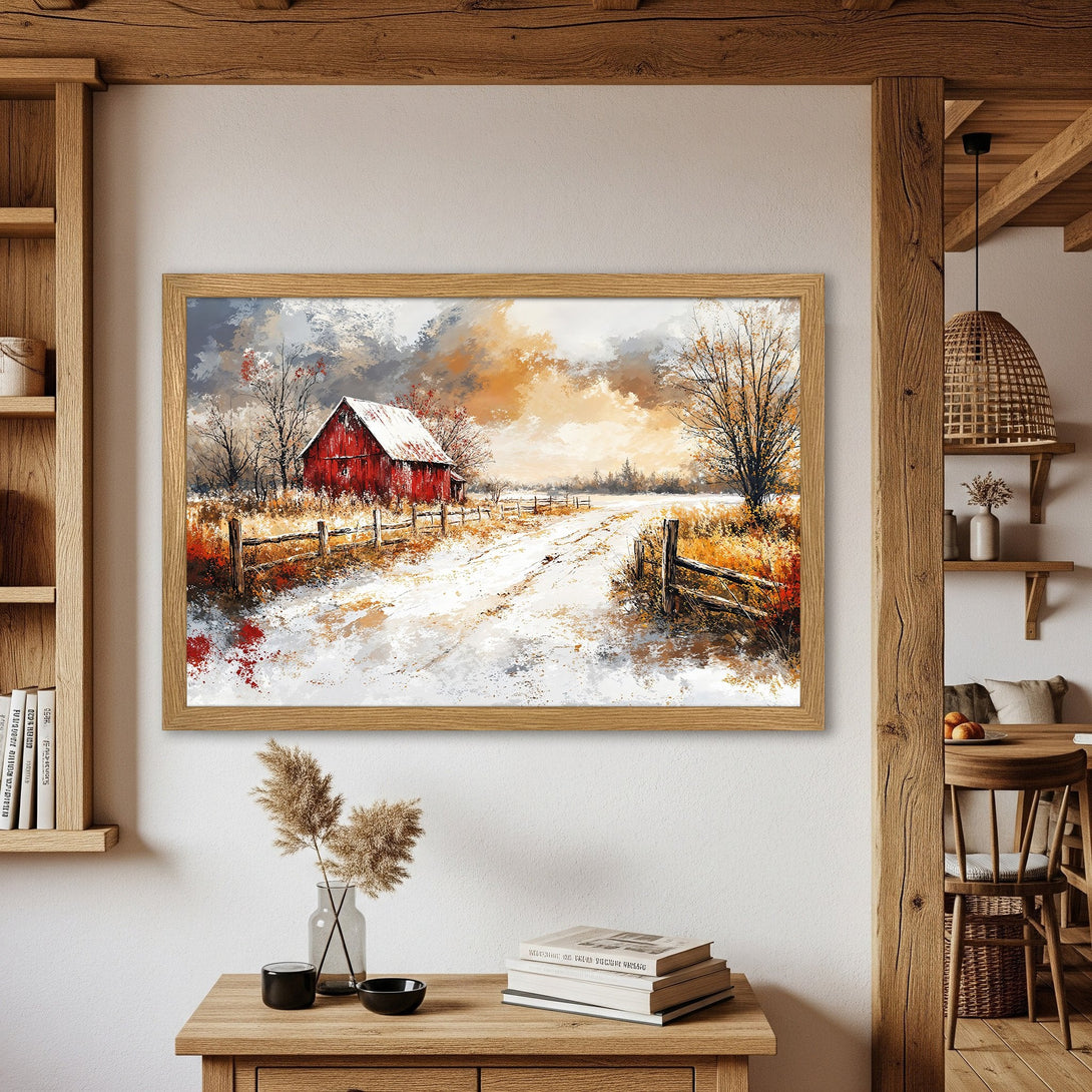 Framed Poster featuring a red barn in a winter landscape, painted in a rustic style with a warm, earthy color palette. Perfect wall art!