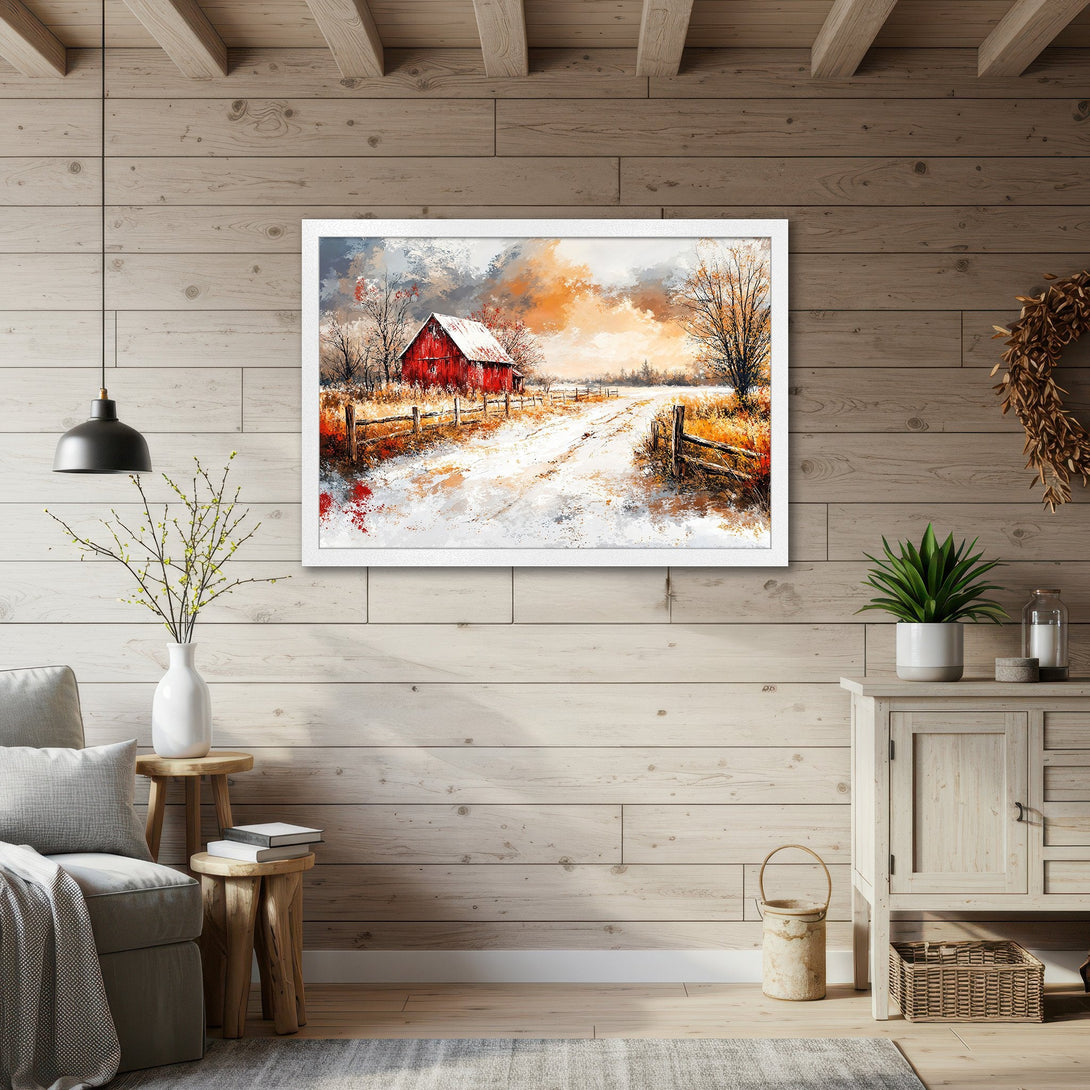 Framed Poster featuring a winter barn scene in a watercolor style with a warm orange and red color palette. Perfect for cozy decor!