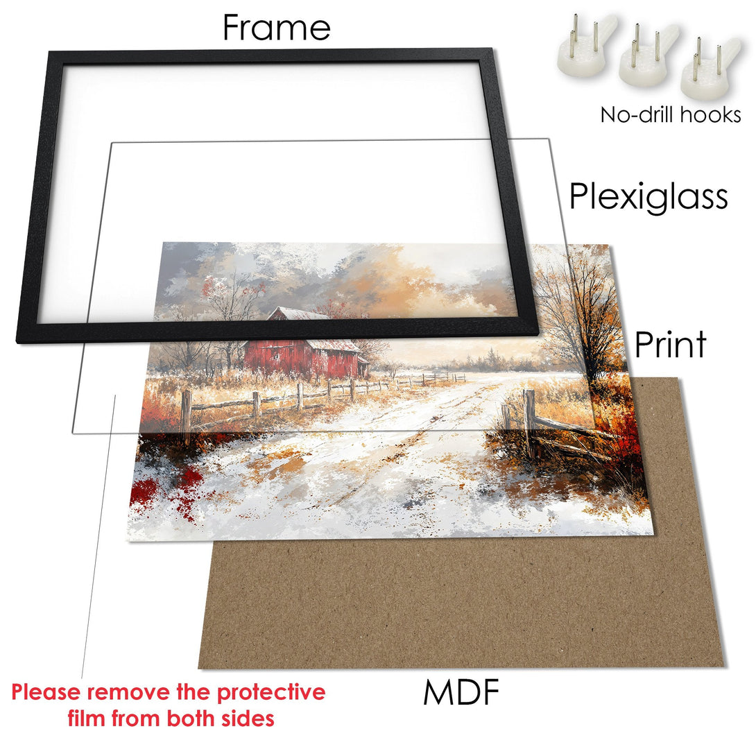 Framed Poster: Winter landscape art print with red barn, neutral tones. Add rustic charm to your home with this beautiful poster.