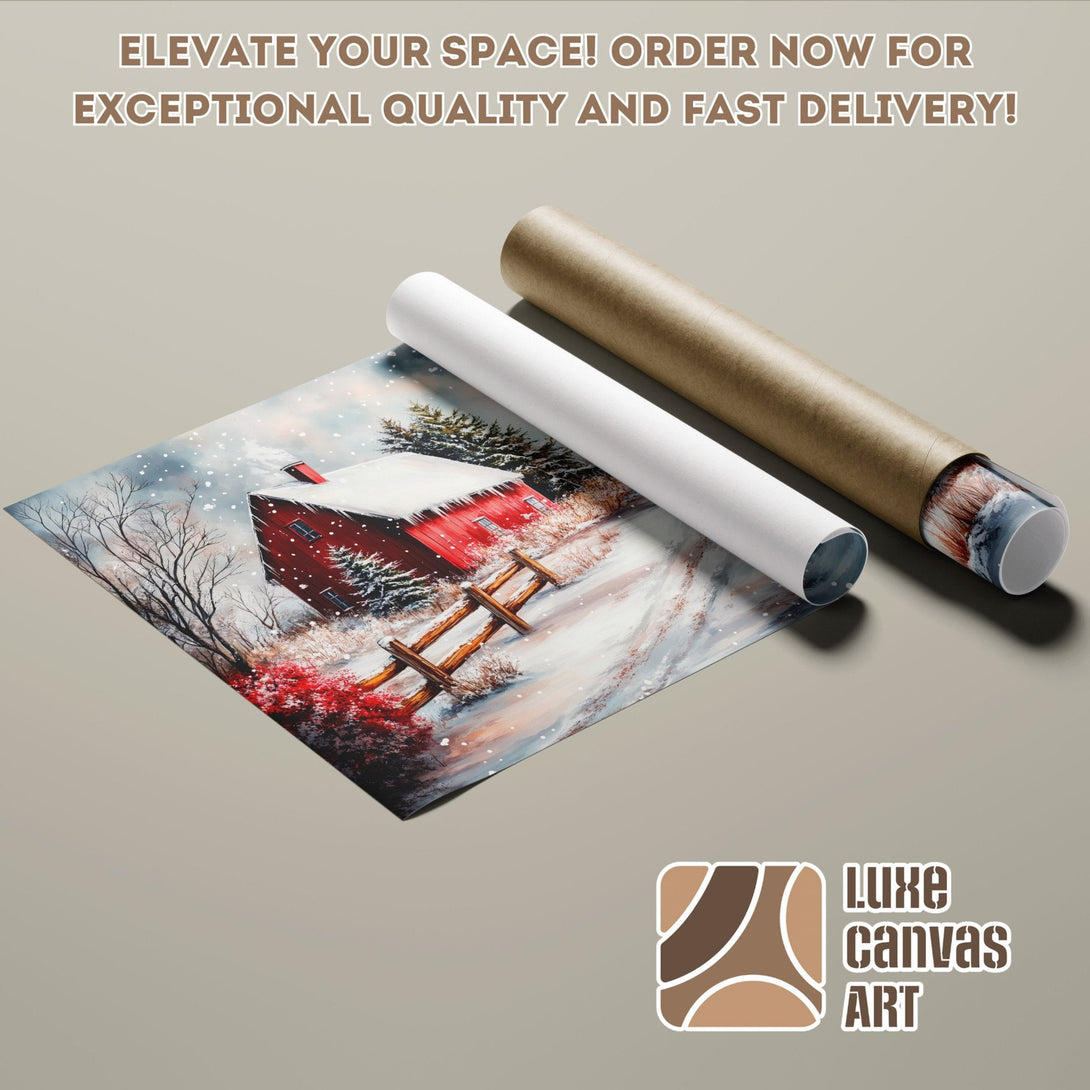 Winter landscape poster roll with red barn, artistic style, cool color palette. Order yours today!