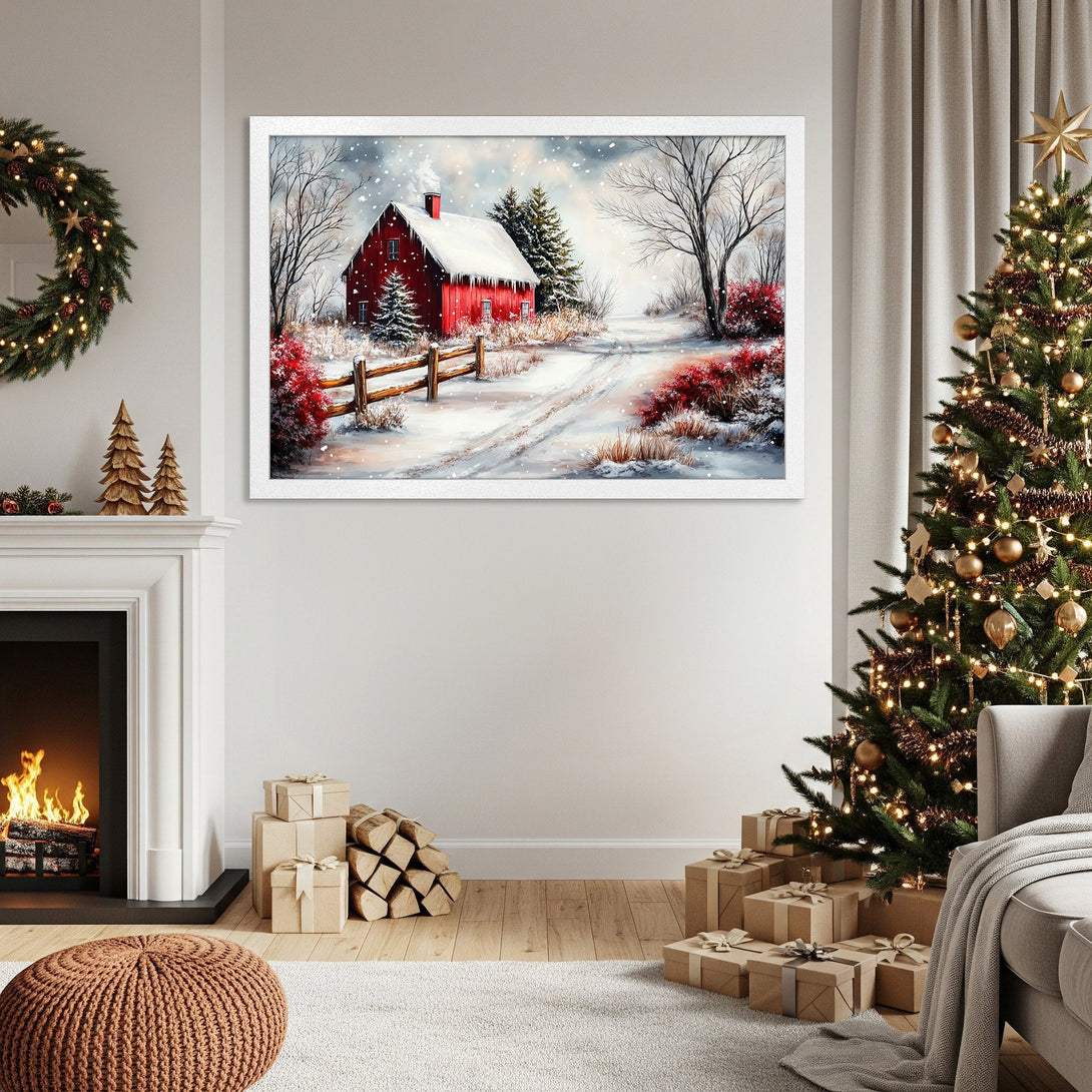 Framed Poster of a winter scene with a red barn. Watercolor style, featuring red, white, and neutral tones. Perfect holiday decor!