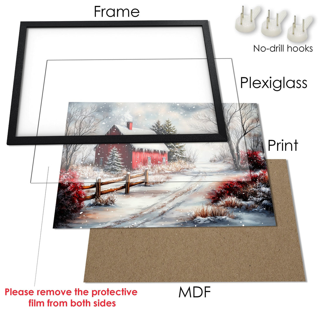 Framed Poster of a winter landscape with a red barn. Features a snowy scene in a watercolor style with a red, white, and brown color palette.