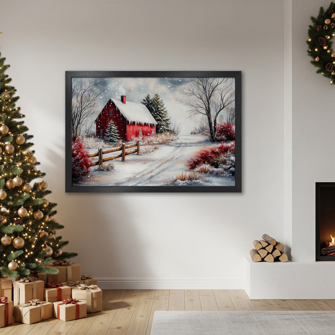 Framed Poster of a winter scene with a red barn. Cozy watercolor style, featuring red, white, and neutral tones. Perfect holiday decor.