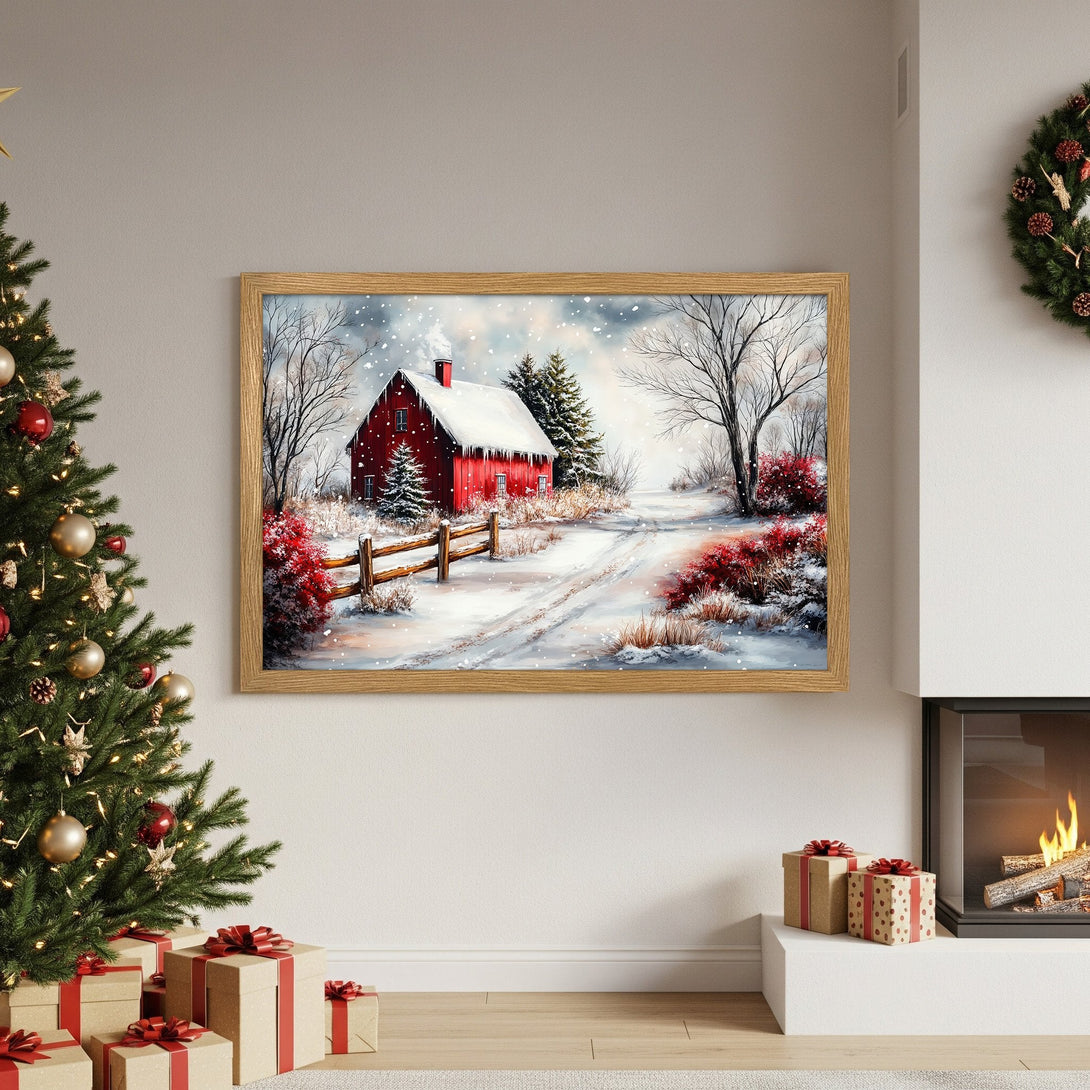 Framed Poster of a winter scene with a red barn. Rustic style, featuring red, white, and brown colors. Perfect holiday decor!