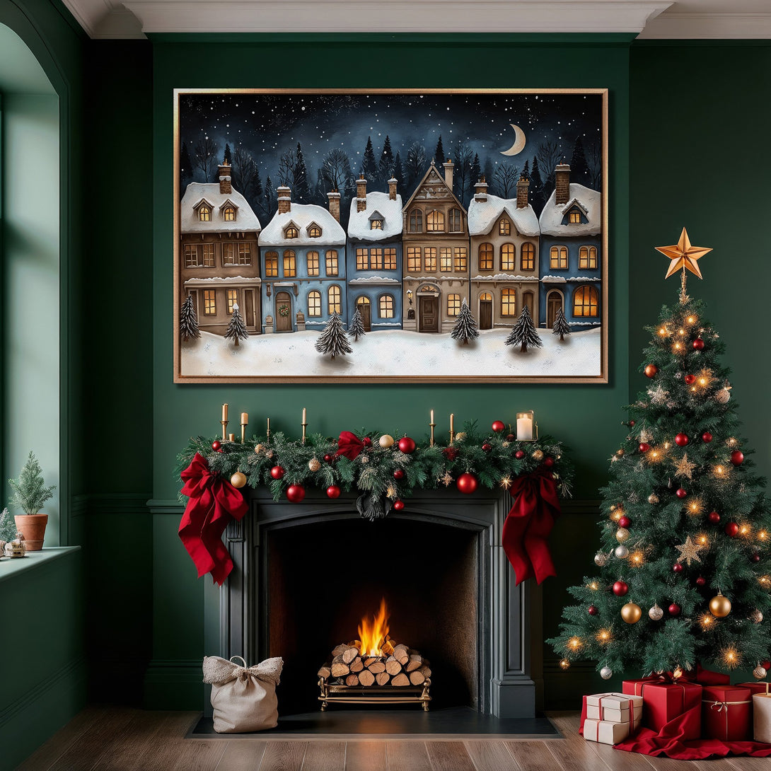 Framed Wall Art of a winter village scene in a cozy Christmas interior. Features a blue, brown, and white color palette, perfect for holiday decor.
