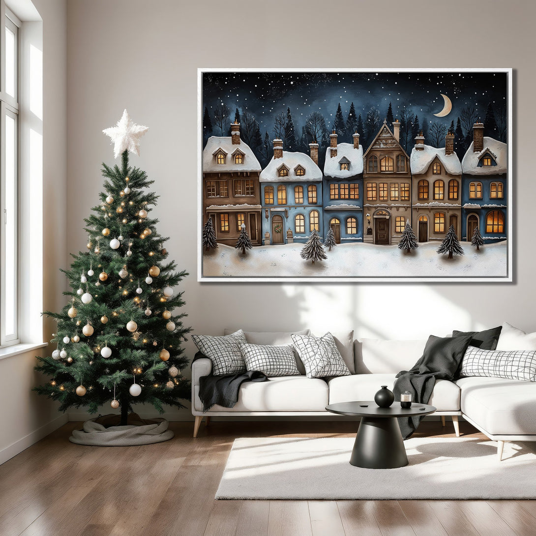 Framed Wall Art: Cozy winter village scene in blue and brown tones. Perfect for holiday decor! Canvas Print adds warmth to any living room.