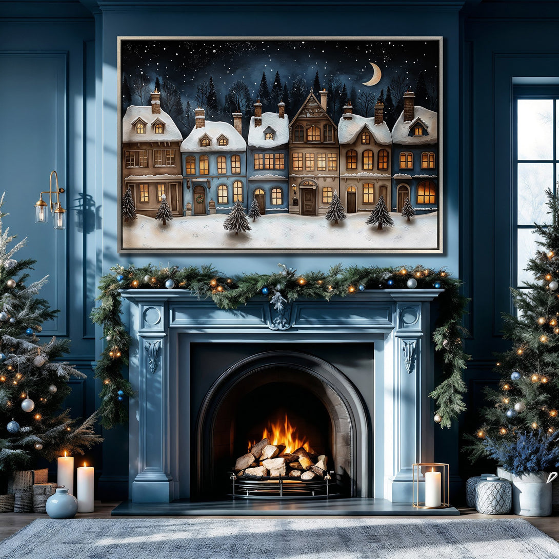 Framed Wall Art: Winter village scene in blue & brown tones. Cozy art for your home! Perfect for Christmas decor & adding a touch of warmth.
