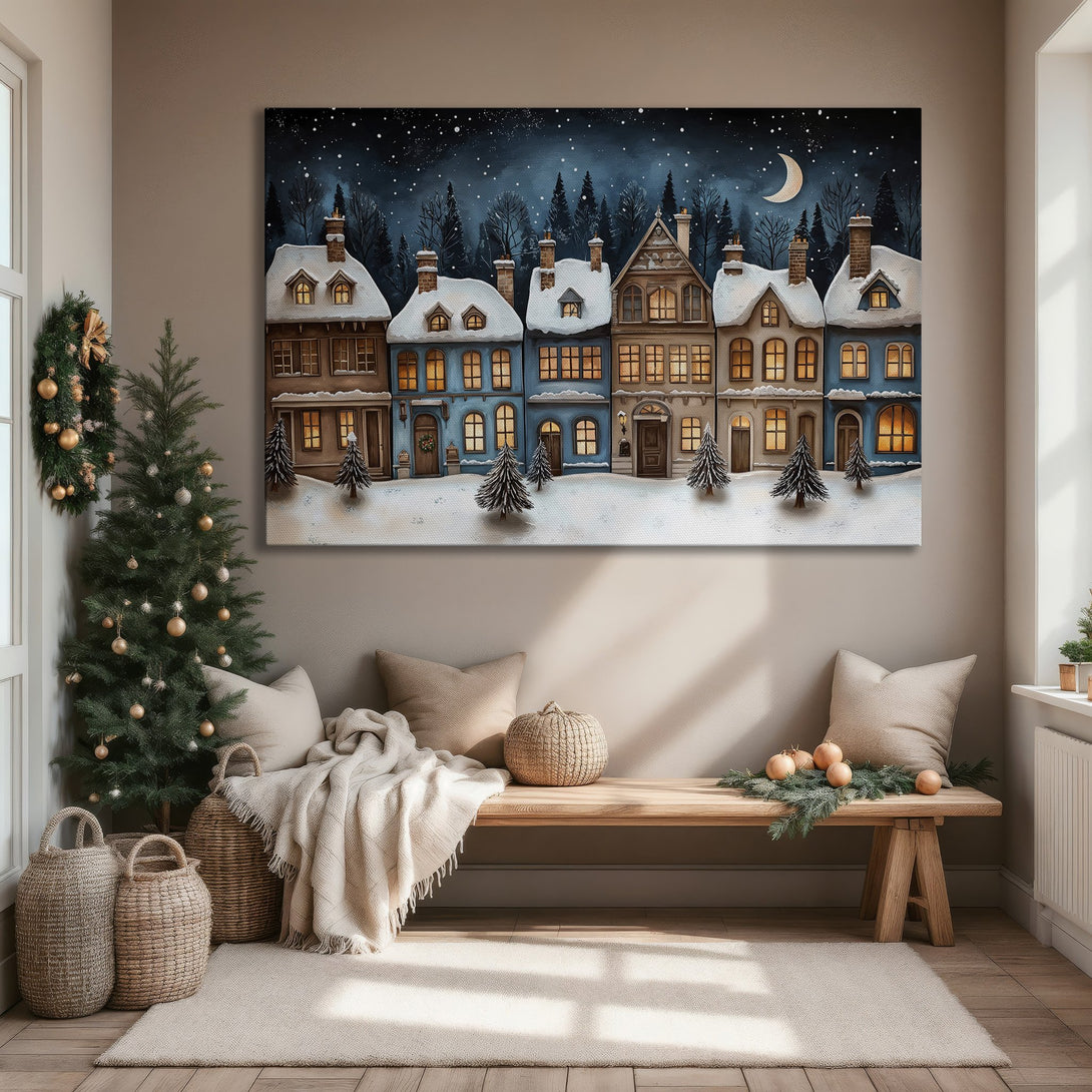 Framed Wall Art of a winter village scene. Charming illustration in blue, brown, and gold tones. Perfect holiday decor for your home.