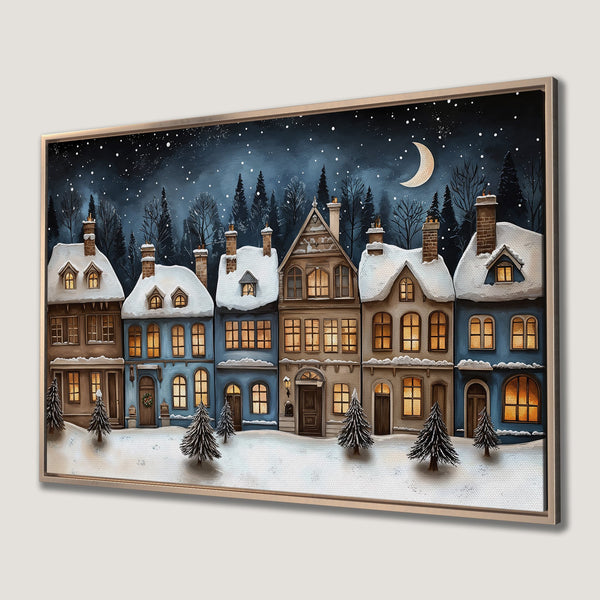 Framed Wall Art of a cozy winter village scene. Charming illustration with blue, brown, and warm tones. Perfect holiday decor!