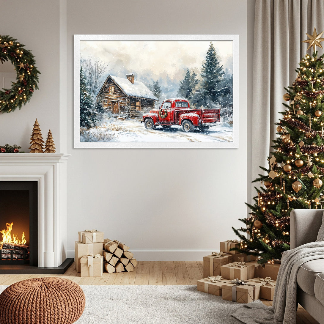 Framed Poster: Watercolor winter scene with red truck & cabin. Rustic style, warm color palette. Perfect Christmas decor.