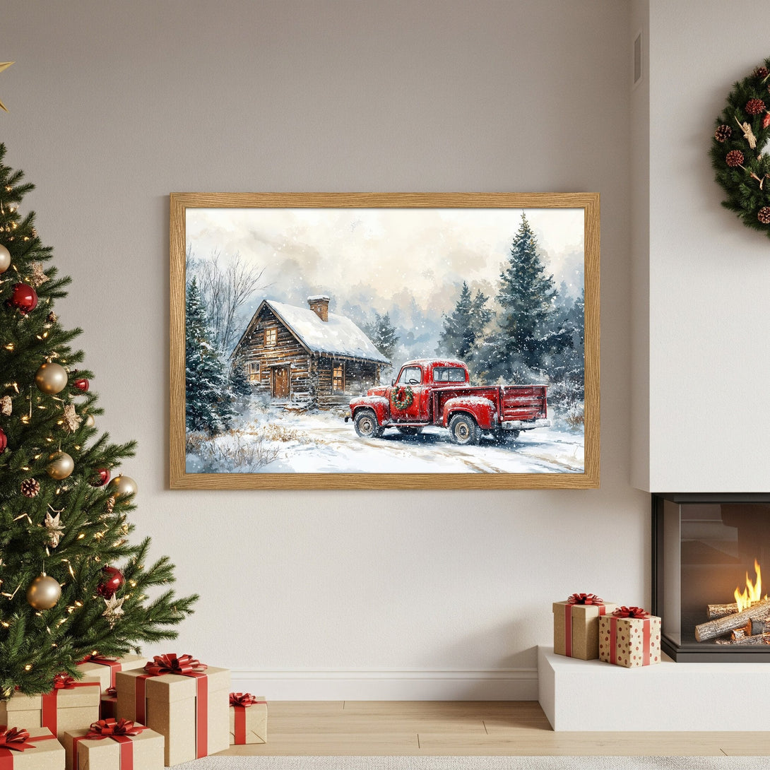Framed Poster featuring a winter scene with a red truck, cabin, and snowy trees. Watercolor style, warm neutral & red palette. Perfect holiday decor!