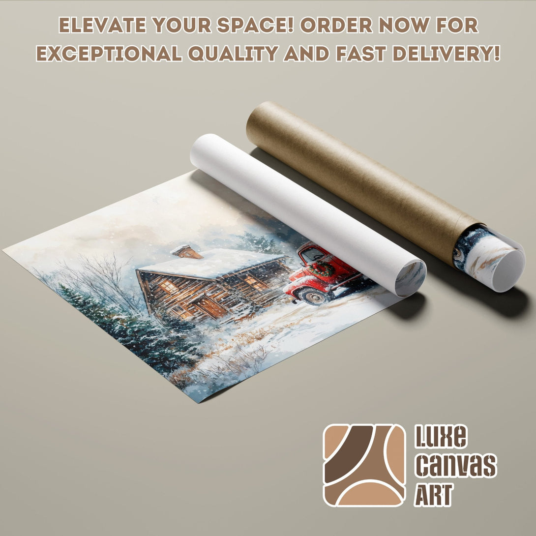 Poster Roll featuring winter cabin art in a watercolor style, with a cozy, warm color palette.