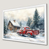 Winter Cabin and Red Truck Art Poster for Festive Decor